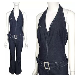 Jordache Jumpsuit w Belt Bling Buckle Dark Blue Denim  White Stitching Size M